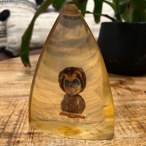 Lucite Walnut Owl Sculpture with a Heart Shaped Face, Vintage